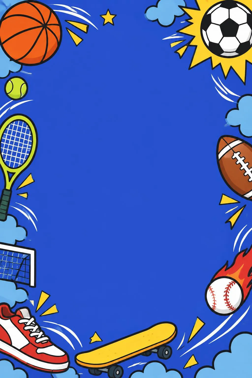 Sports birthday invitation framed by a basketball, soccer ball, football, baseball, tennis racket, sneaker and skateboard on bright blue