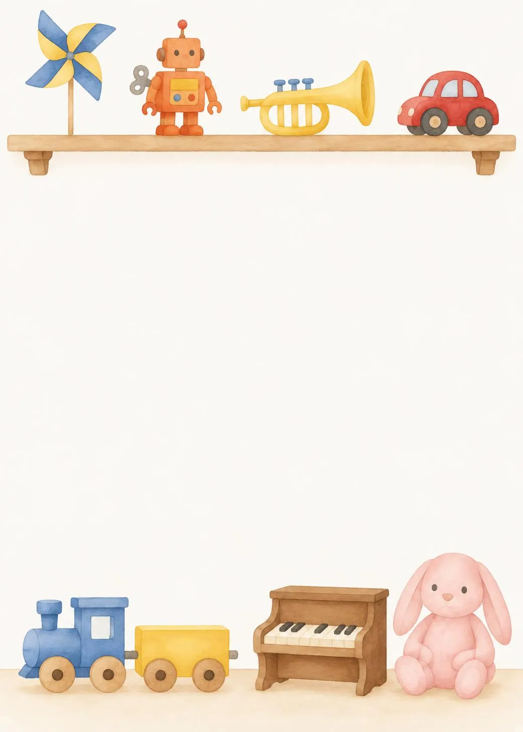 Toy birthday invitation with watercolor classic toys on a wooden shelf, and a wooden train, toy piano and pink bunny along the floor