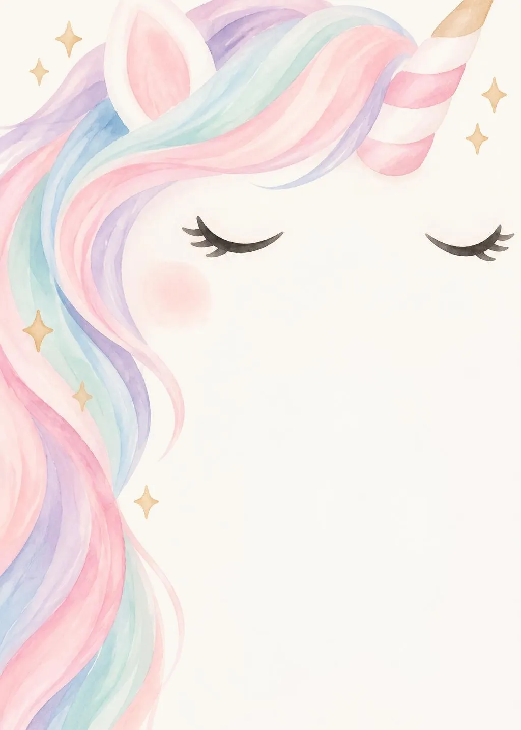 Unicorn birthday invitation with a sleeping unicorn face, a gold horn and a flowing pastel rainbow mane with gold sparkles
