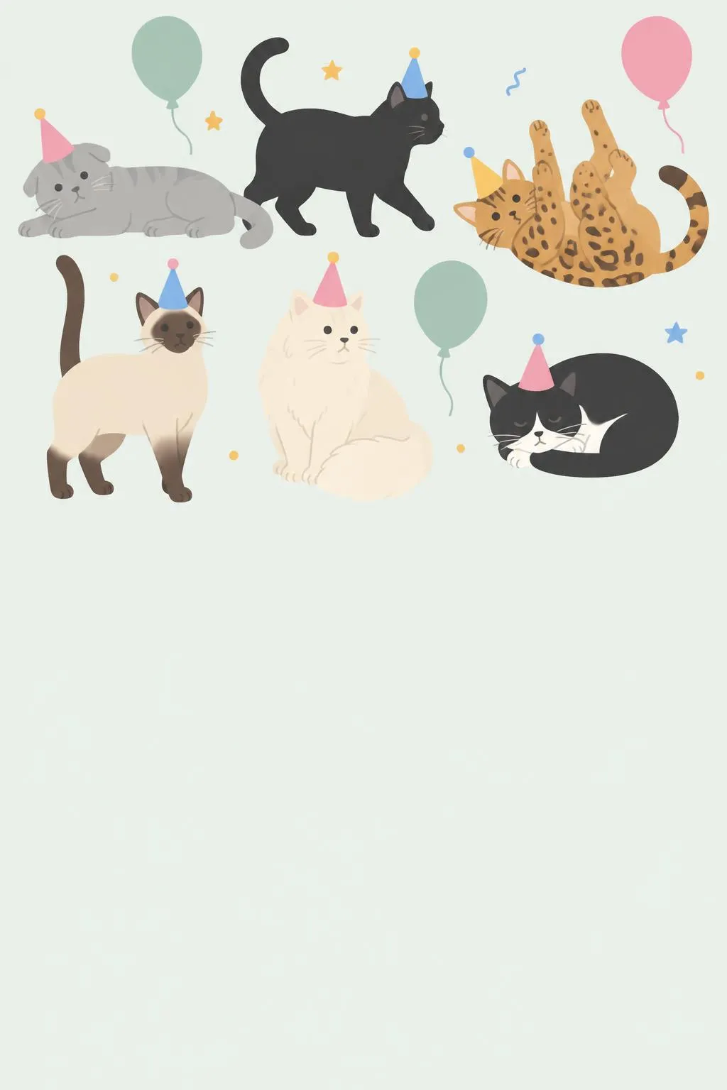 Cat birthday party invitation with six cats in party hats, from a Siamese to a tuxedo cat, among balloons on pale mint