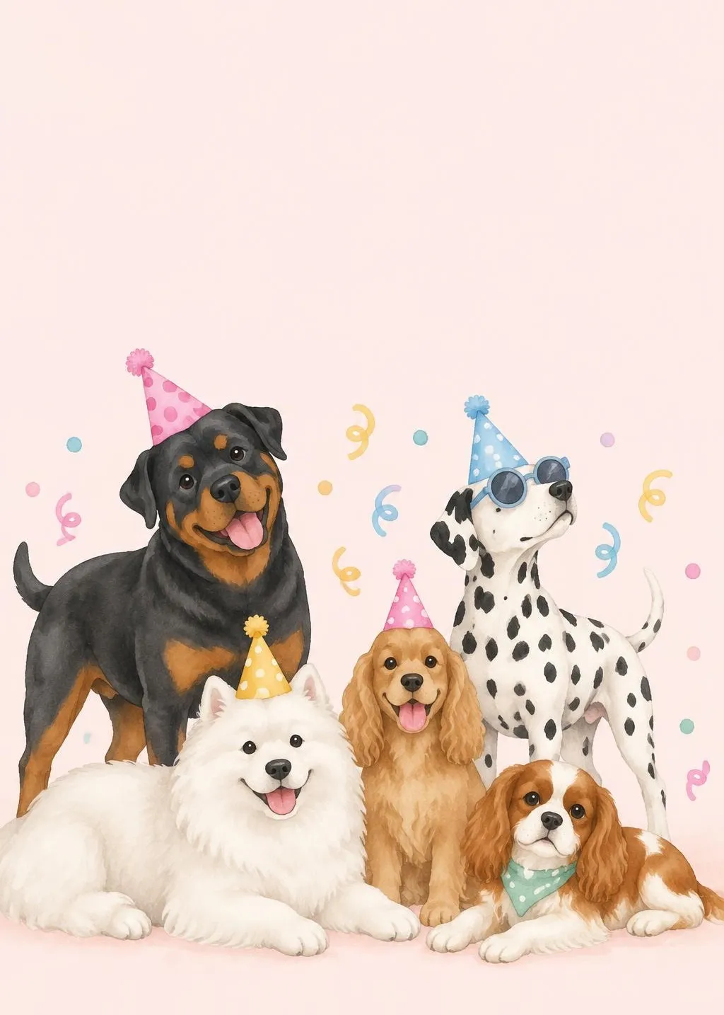Dog birthday party invitation with a watercolor rottweiler, samoyed, cocker spaniel, dalmatian in sunglasses and cavalier in party hats on blush pink
