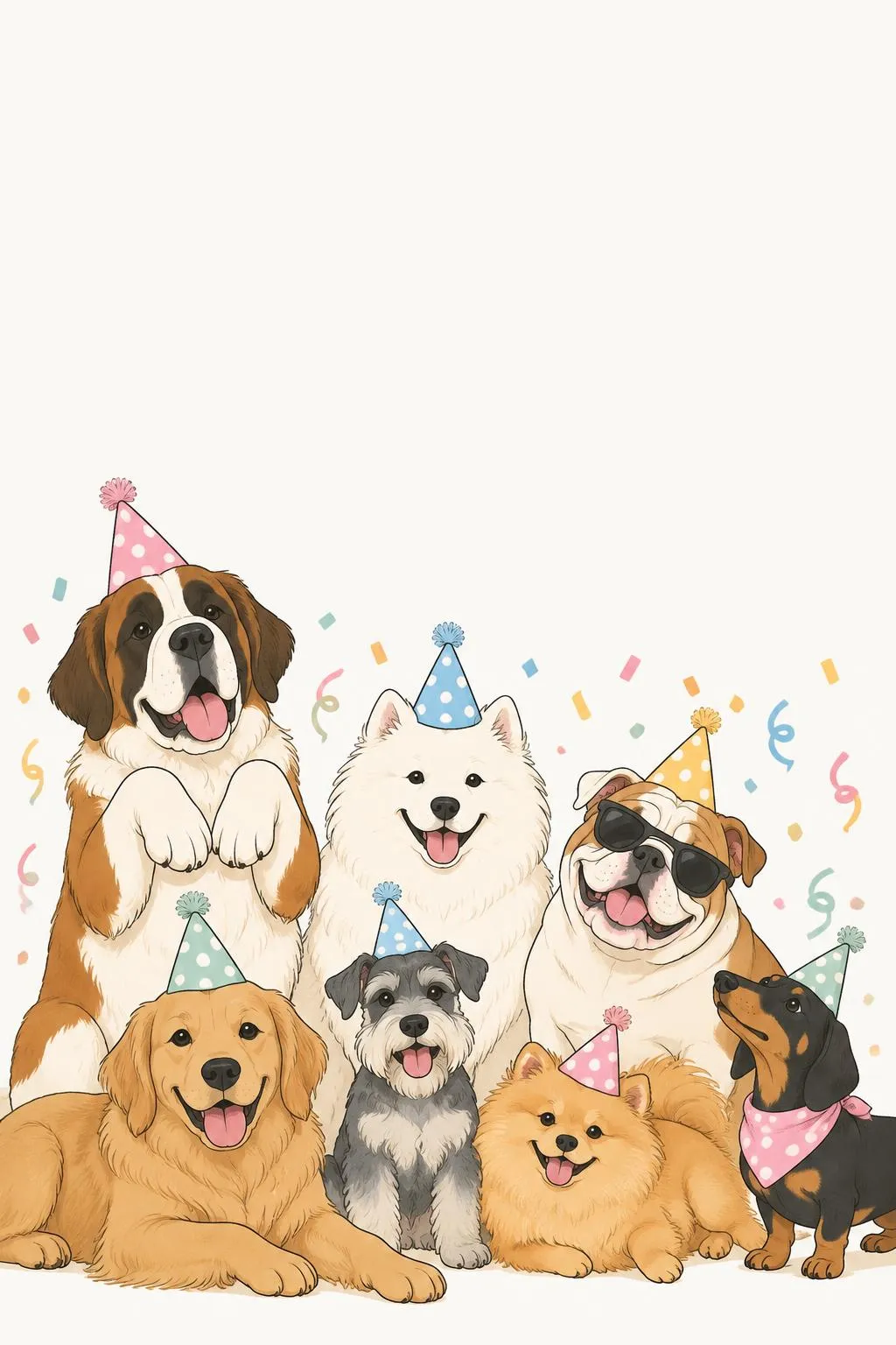 Dog birthday party invitation with seven dogs in polka-dot party hats, from a St. Bernard to a bulldog in sunglasses, among pastel confetti