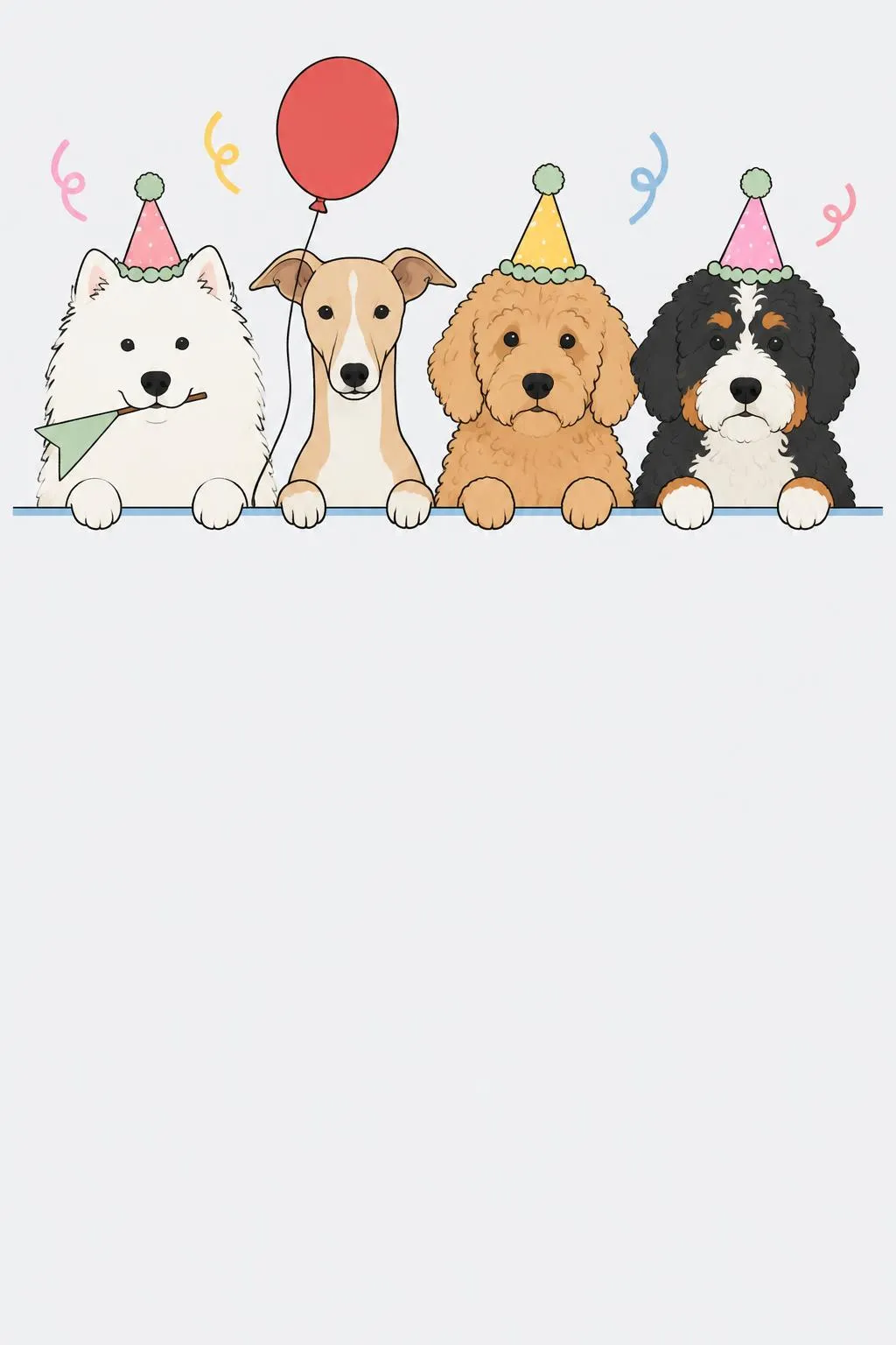Dog birthday party invitation with a samoyed, a whippet, a doodle and a Bernese mountain dog in party hats peeking over a ledge
