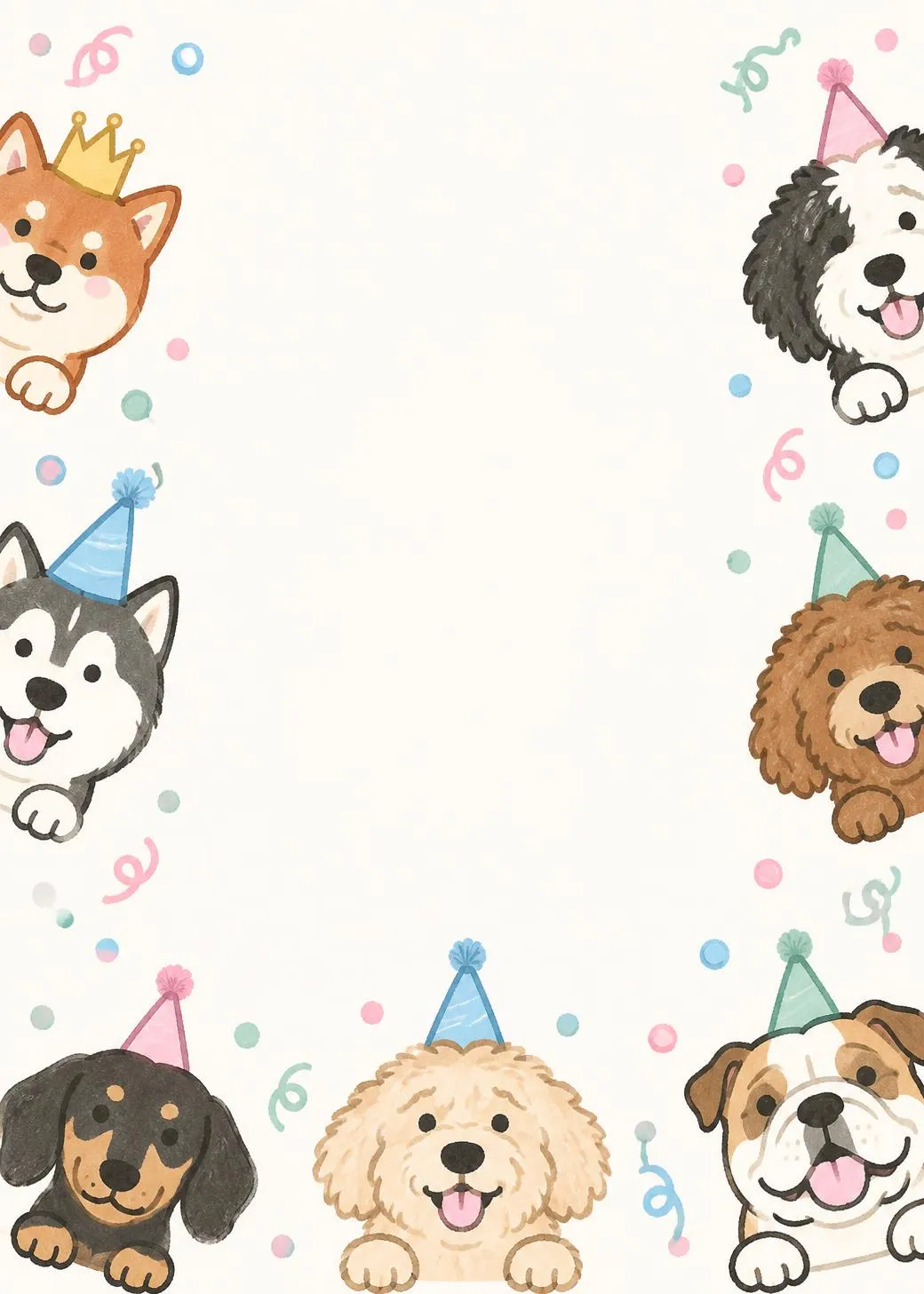 Dog birthday party invitation with seven hand-drawn dogs peeking in around the edges, a shiba in a gold crown and pups in party hats