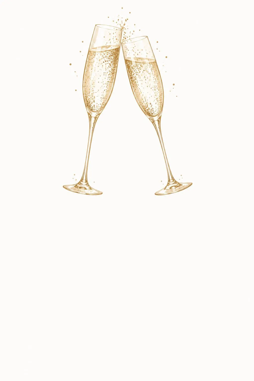 Elegant wedding invitation with two clinking gold champagne flutes and rising gold sparkles on white