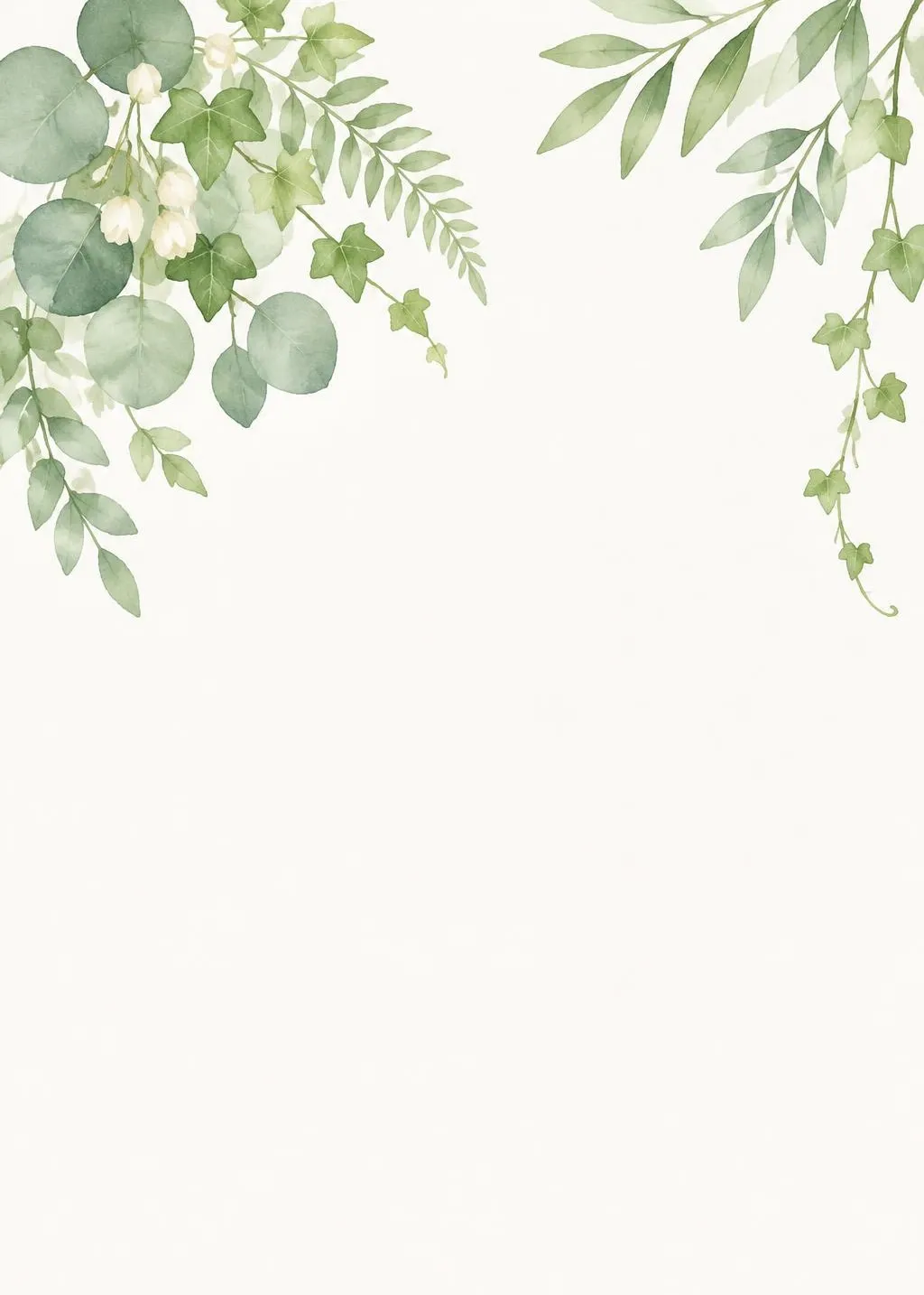 Greenery wedding invitation with watercolor eucalyptus, ivy, ferns and small white buds spilling from the two top corners