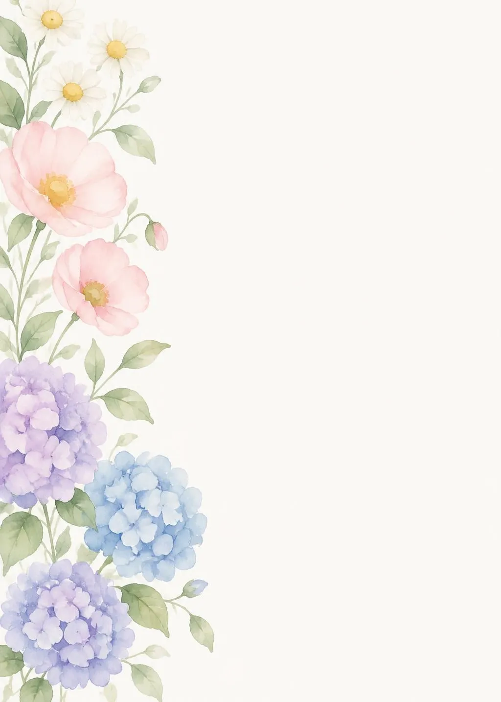Wedding invitation with watercolor daisies, pink poppies and lilac and blue hydrangeas climbing the left edge