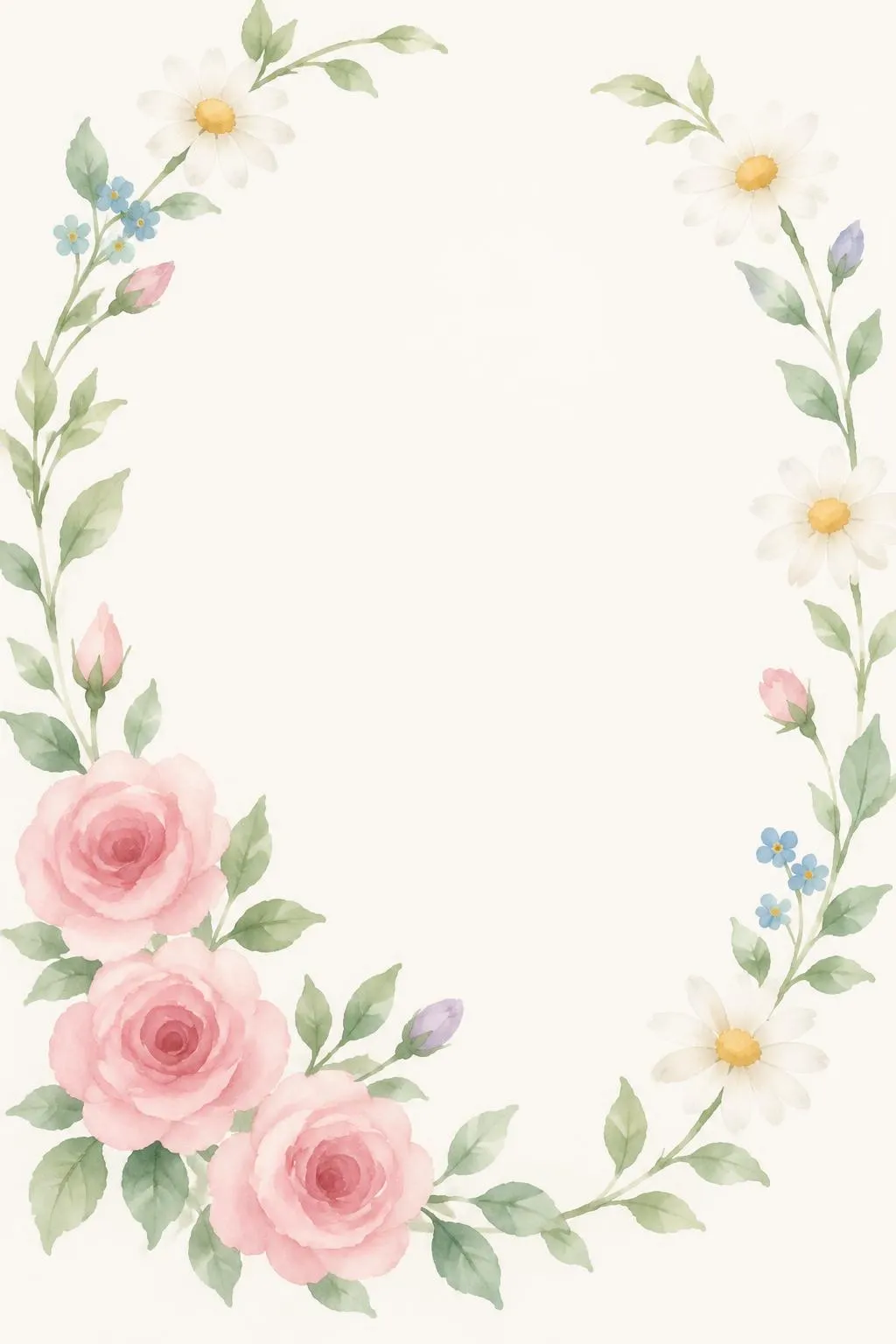 Wedding invitation with a light oval vine of watercolor daisies, forget-me-nots and rosebuds, with three pink roses at the lower left